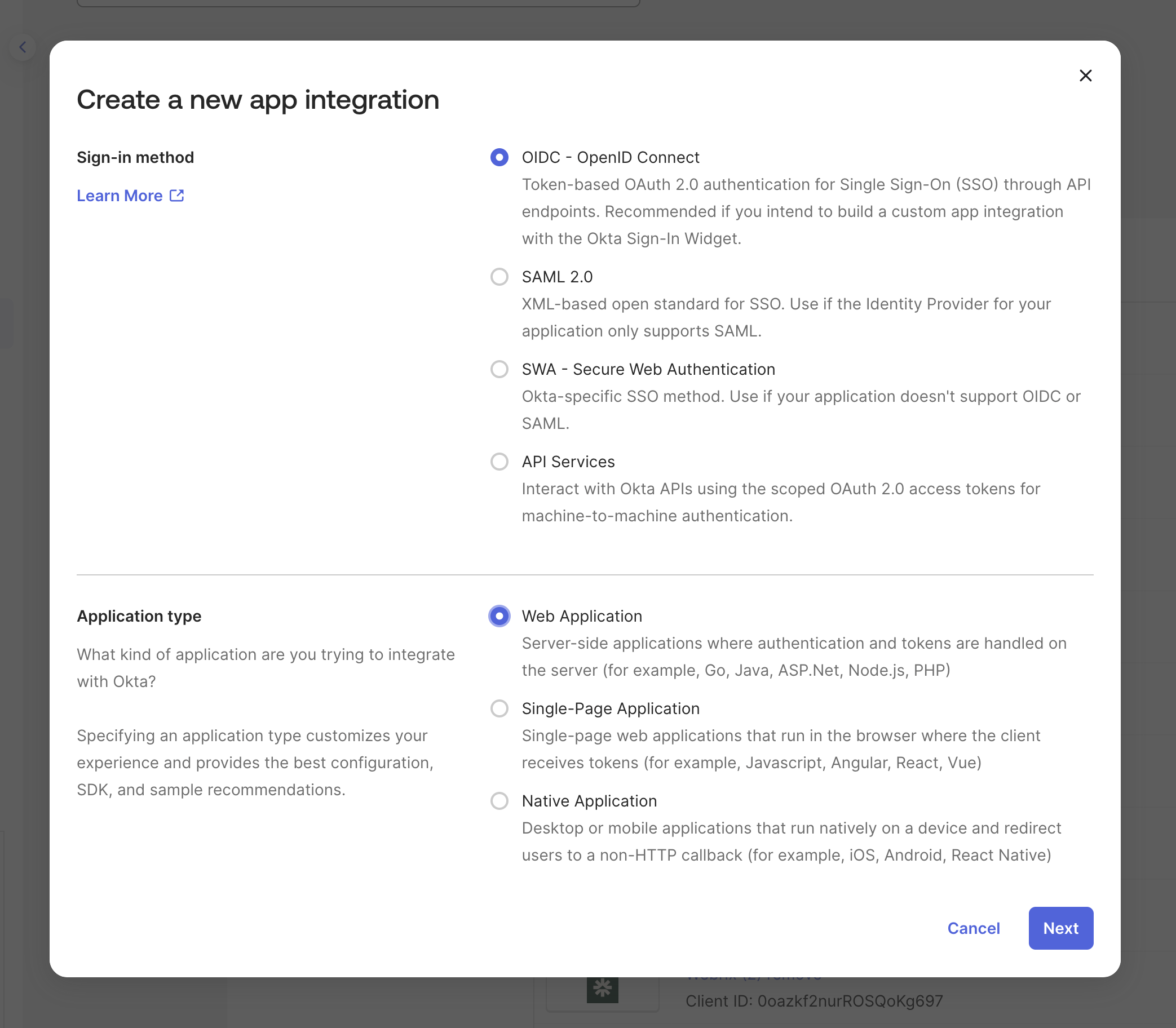 Create a new app integration