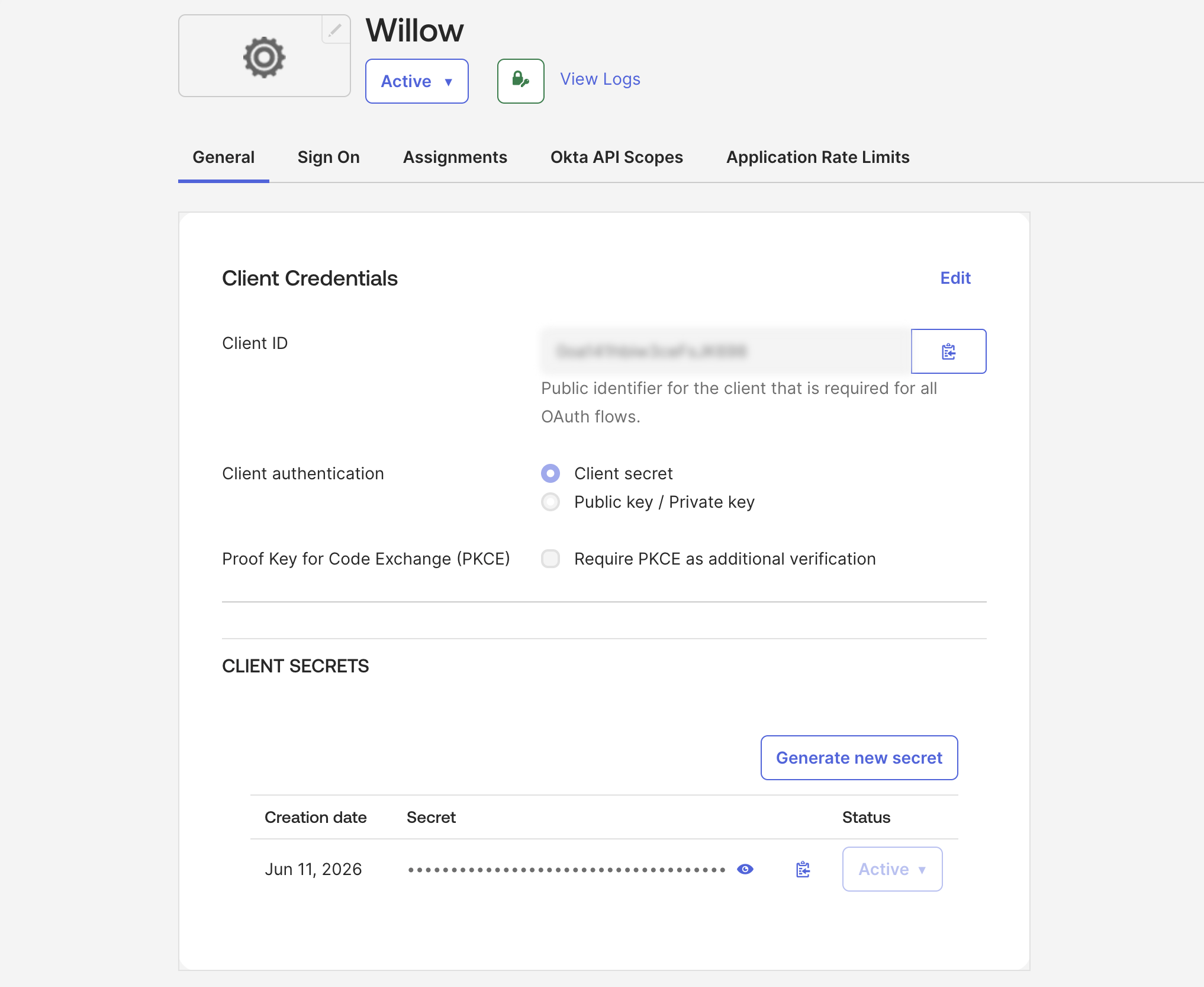 Okta app Client Credentials