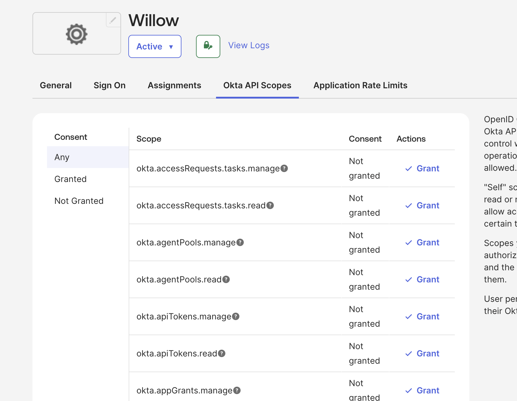 Okta API Scopes tab